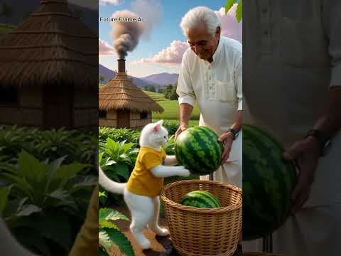 القطة أعطت البطيخ للجد ذكاء اصطناعي قطة جد