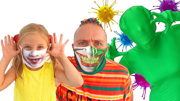 Alice and dad play professions game and learn simple safety rules for kids