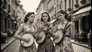 Three Vintage Banjo Girls Performing Beautiful Classic Folk Music on a Quiet Old Town Street
