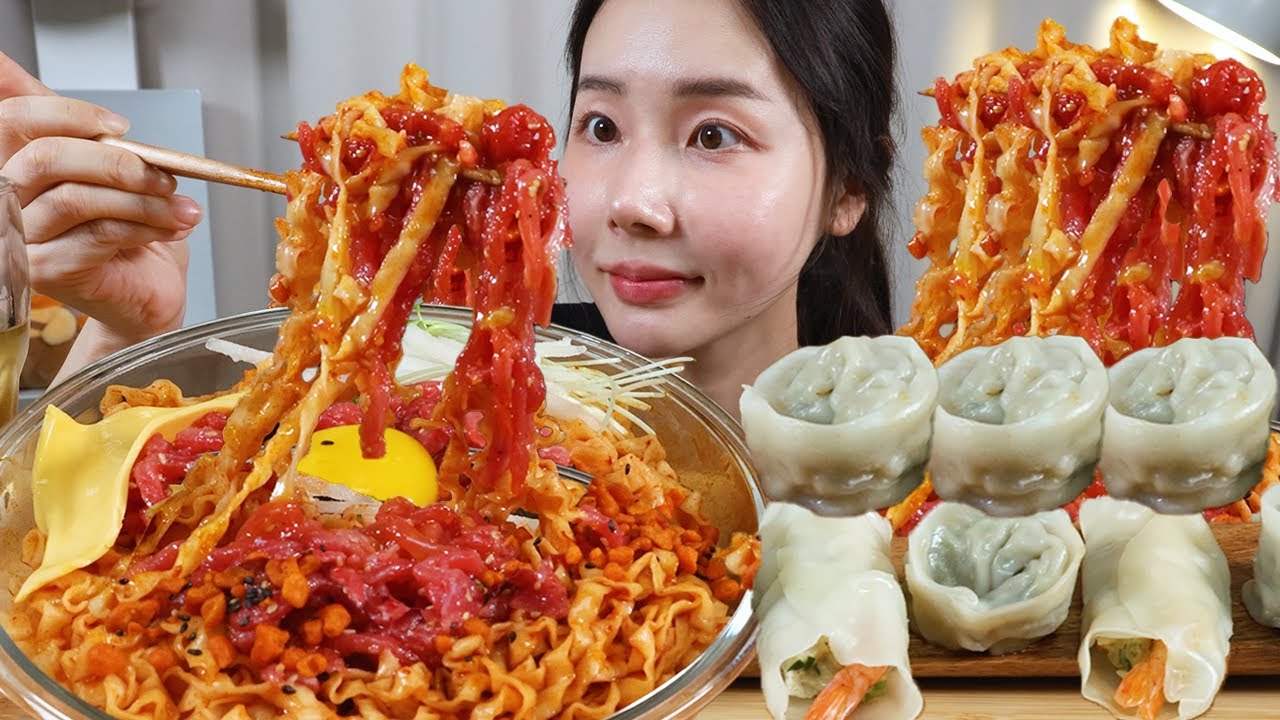 SUB) 최애 배홍동 칼빔면과 육회 먹방! 고기만두랑 새우만두까지💚 Spicy Bibim Noodles & Yukhoe Mukbang ASMR 🍜