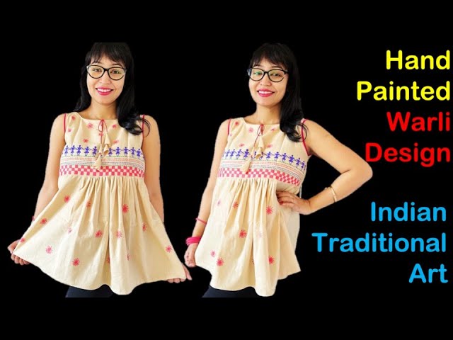warli painting designs on dress This handcrafted black rayon dress is adorned with a traditional Warli painting, adding a touch of cultural and artistic flair. The jacket is optional, allowing for versatility in styling. Made with high-quality