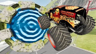 Monster Trucks and Cars Jumping Through Giant Portal LIVE - BeamNG Drive