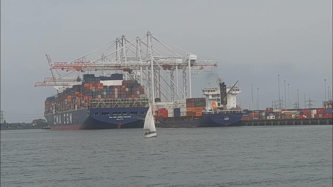 Yacht sailing past giant container ship cma cgm georg forster youtube