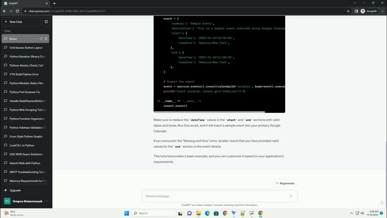 Python client library for Google Calendar API v3 insert event throwing