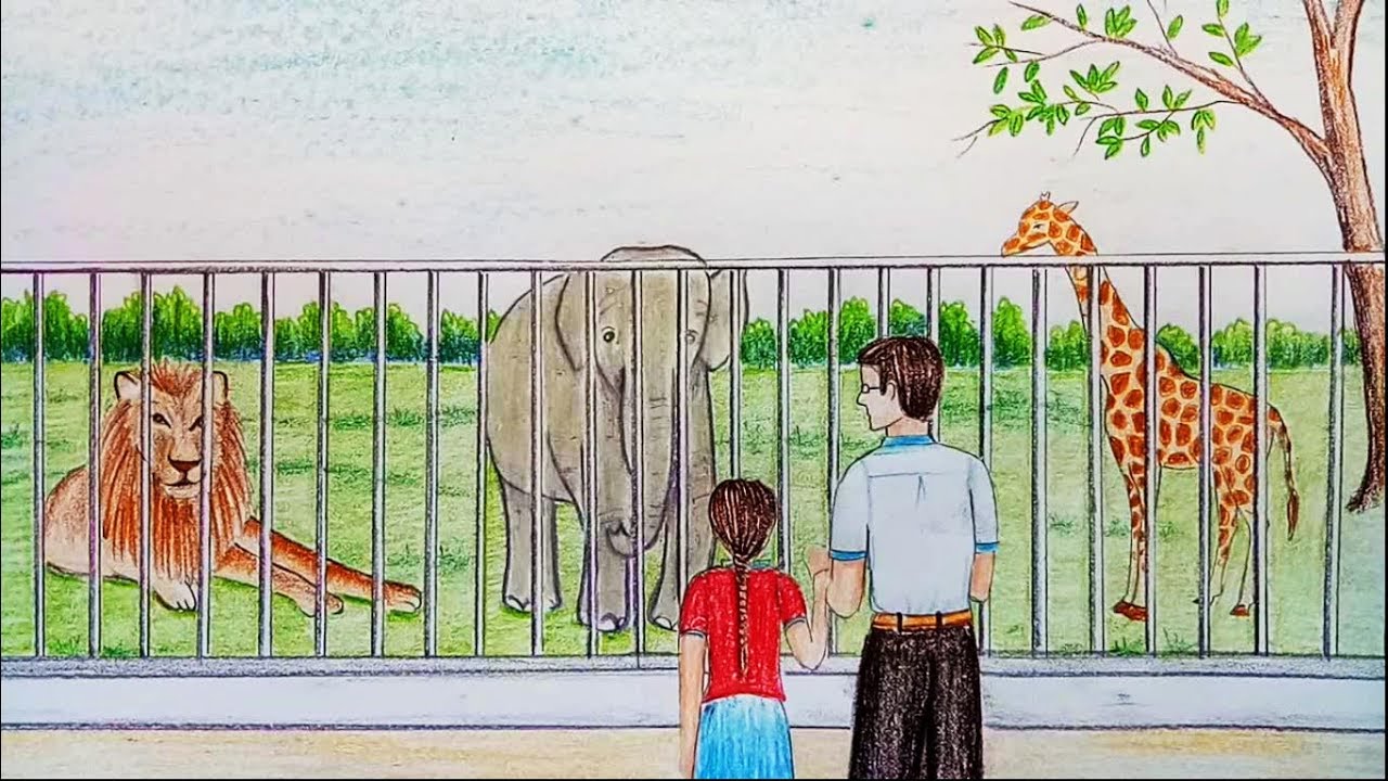 visit the zoo with parents drawing