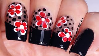 Black Sheer With Red Flowers On Black French Manicure Drag Marble Nail Tutorial