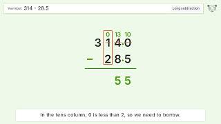 Long Subtraction Problem 314-28.5: Step-by-Step Video Solution