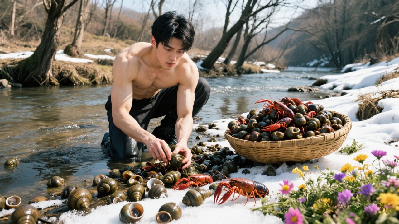 Digging river snails and catching crayfish to make spicy delicacies