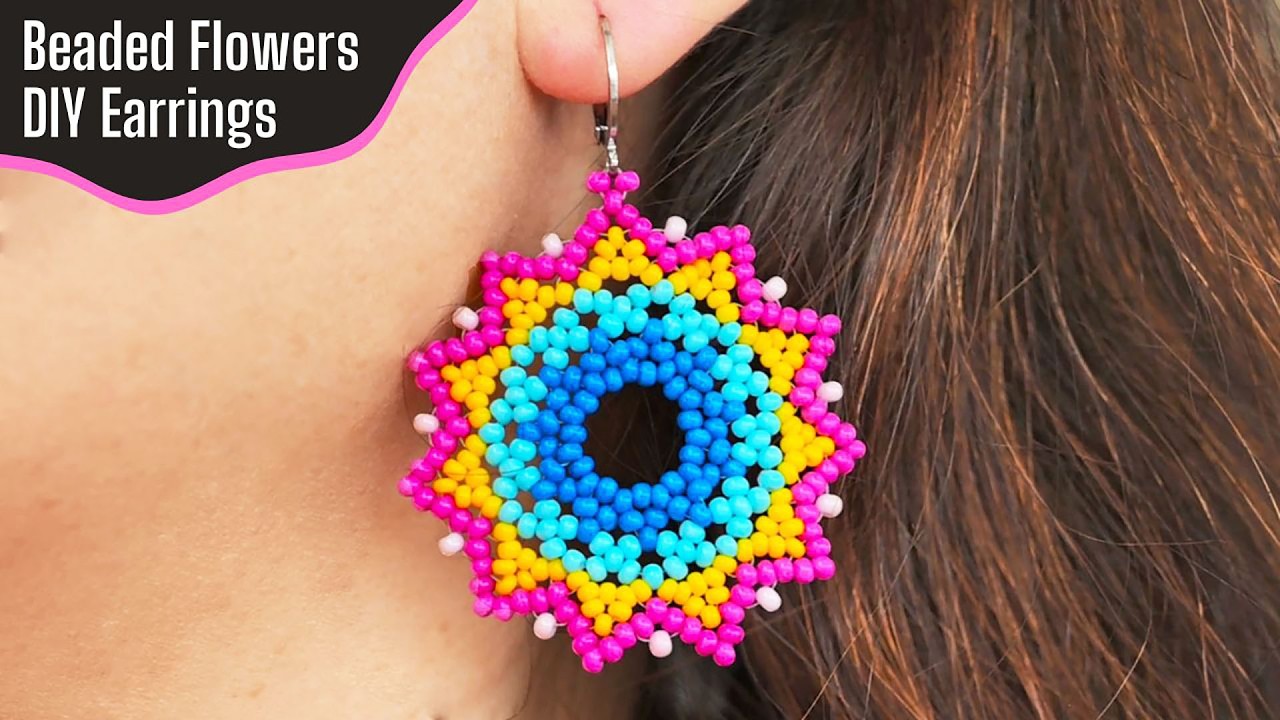 Серьги в виде цветов из бисера 🌸 | Простой пошаговый мастер-класс по бисероплетению