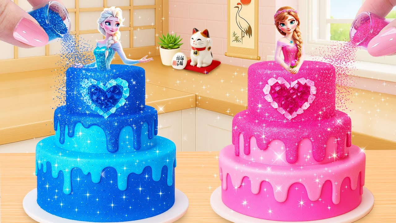 Mini Elsa vs Anna Heart Cake Challenge 💙💖 ピンクとブルーのドリップケーキデコレーション ✨ Tiny Joy Japan