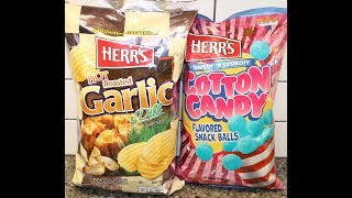 Herr’s: Hot Roasted Garlic & Dill Potato Chips and Cotton Candy Flavored Snack Balls Review