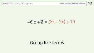 Solve 5-(4x+2)=8+2(x+1): Linear Equation Video Solution | Tiger Algebra