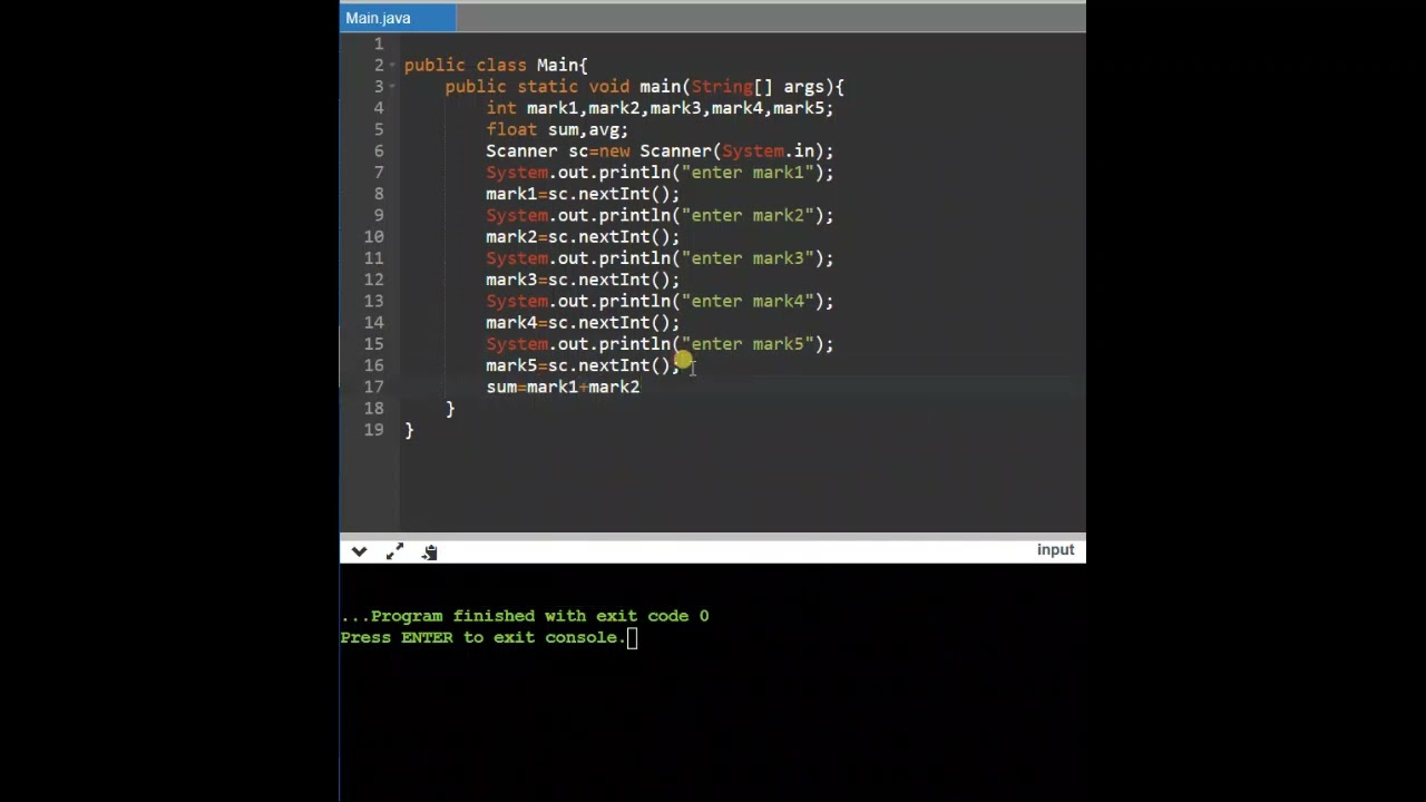 java program to find the sum and average of 5 subjects || java programming