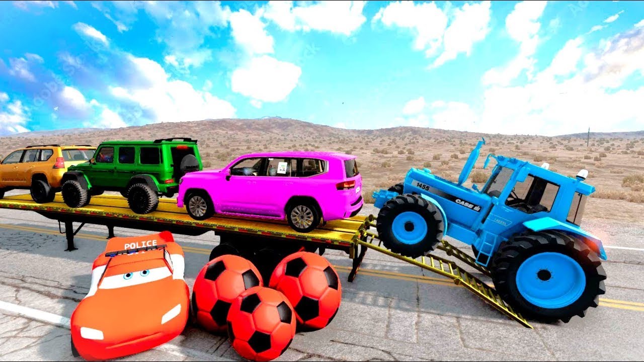 TRANSPORTING PIXAR CARS & FRUITS WITH COLORED & JOHN DEERE vs CLAAS vs TRACTORS - BeamNG.drive #1