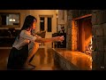 ASMR Fireplace Sounds Girl Warming Up by the Fire After Rain, Cozy & Relaxing