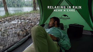Solo Camping in Heavy Rain by The Lake, Relaxing and Cooking Steak With The Sound of Rain, ASMR