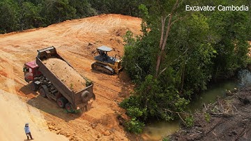 Excellent & Beautiful Operator Skill Bulldozer Pushing Dirt Clearing Forest In to The Water