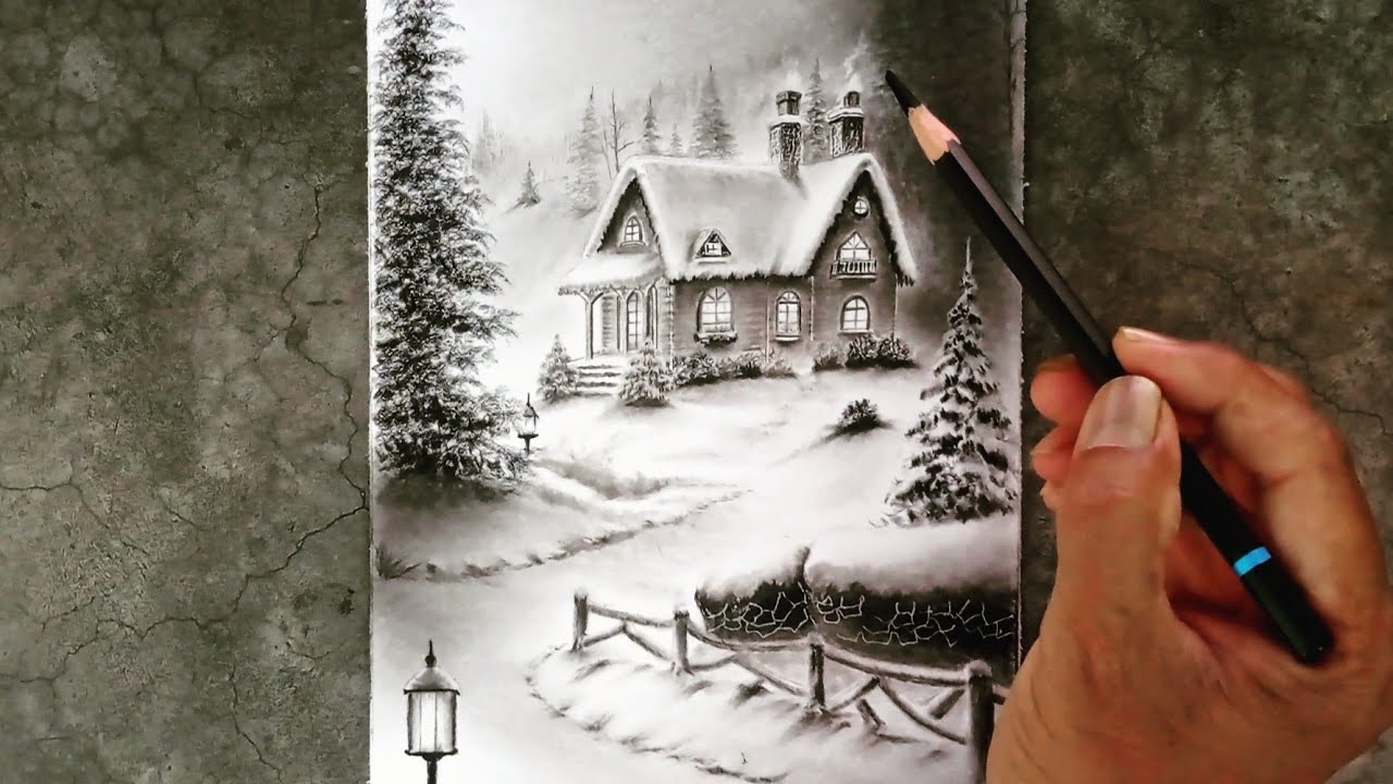 prompthunt: a pencil drawing of a boy and a girl with long flowing hair  sitting together on the porch of a cabin on a mountain overlooking a snowy  landscape. atmospheric lighting, romantic