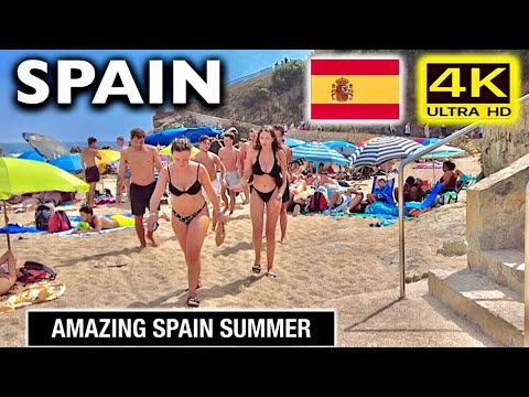 Lloret de Mar, Costa Brava, 4K Spain Beach Walking tour, Summer Vibes