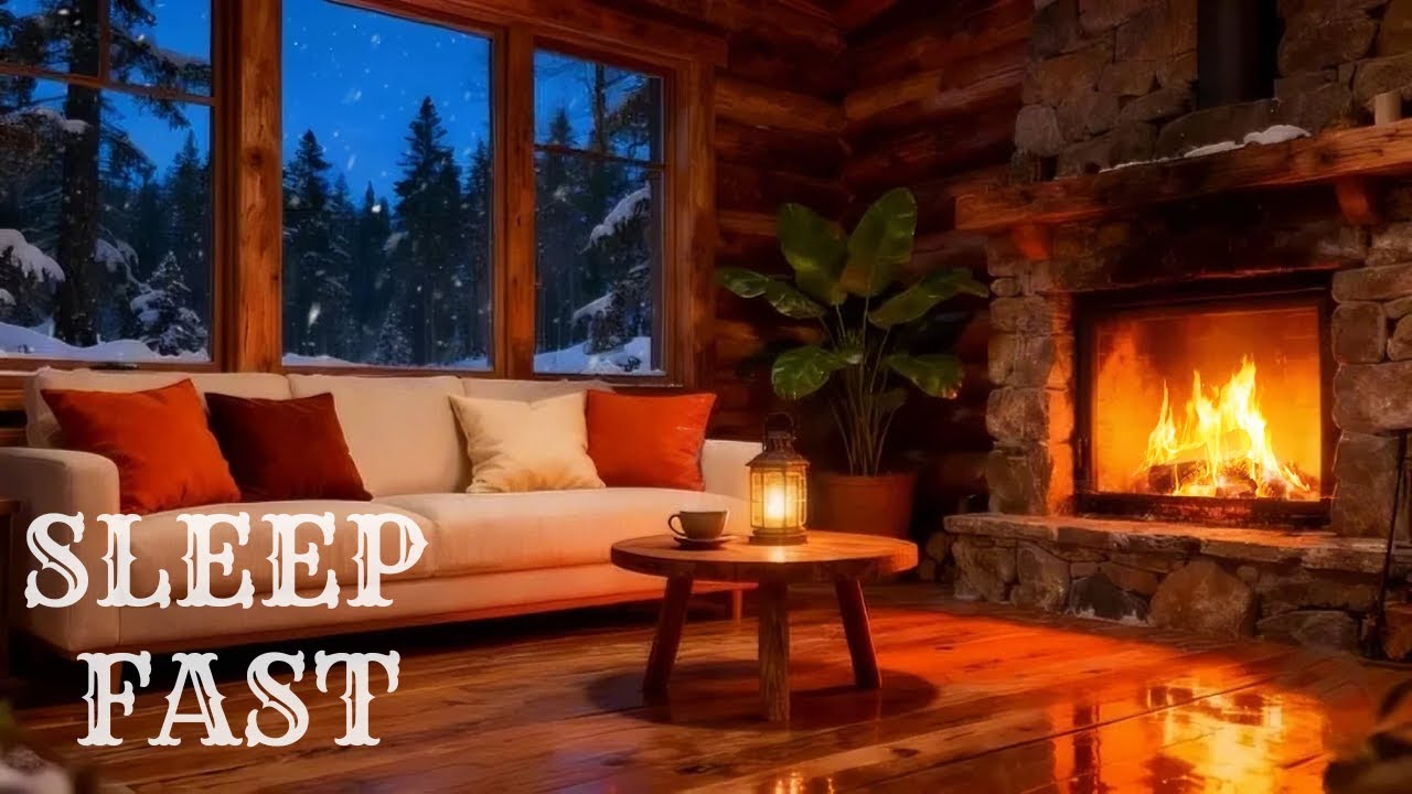 Sleep Fast Tonight 🌙 Soft Piano | Snowstorm, Fireplace & Cozy Cabin (12 Hours)