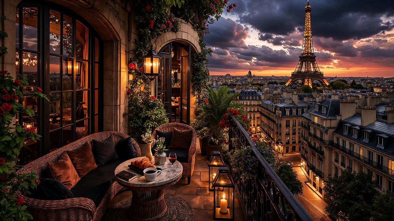 Paris Golden Hour Jazz ☕ Eiffel Tower Balcony Café & Relaxing Jazz Instrumental for Focus & Work