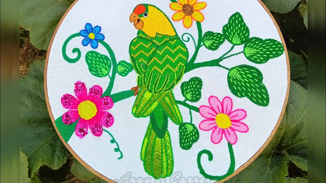 cómo 😱bordar un perico🦜loro o guacamaya#1conpuntada ideal para cualquier diseño entre hojas, flores,