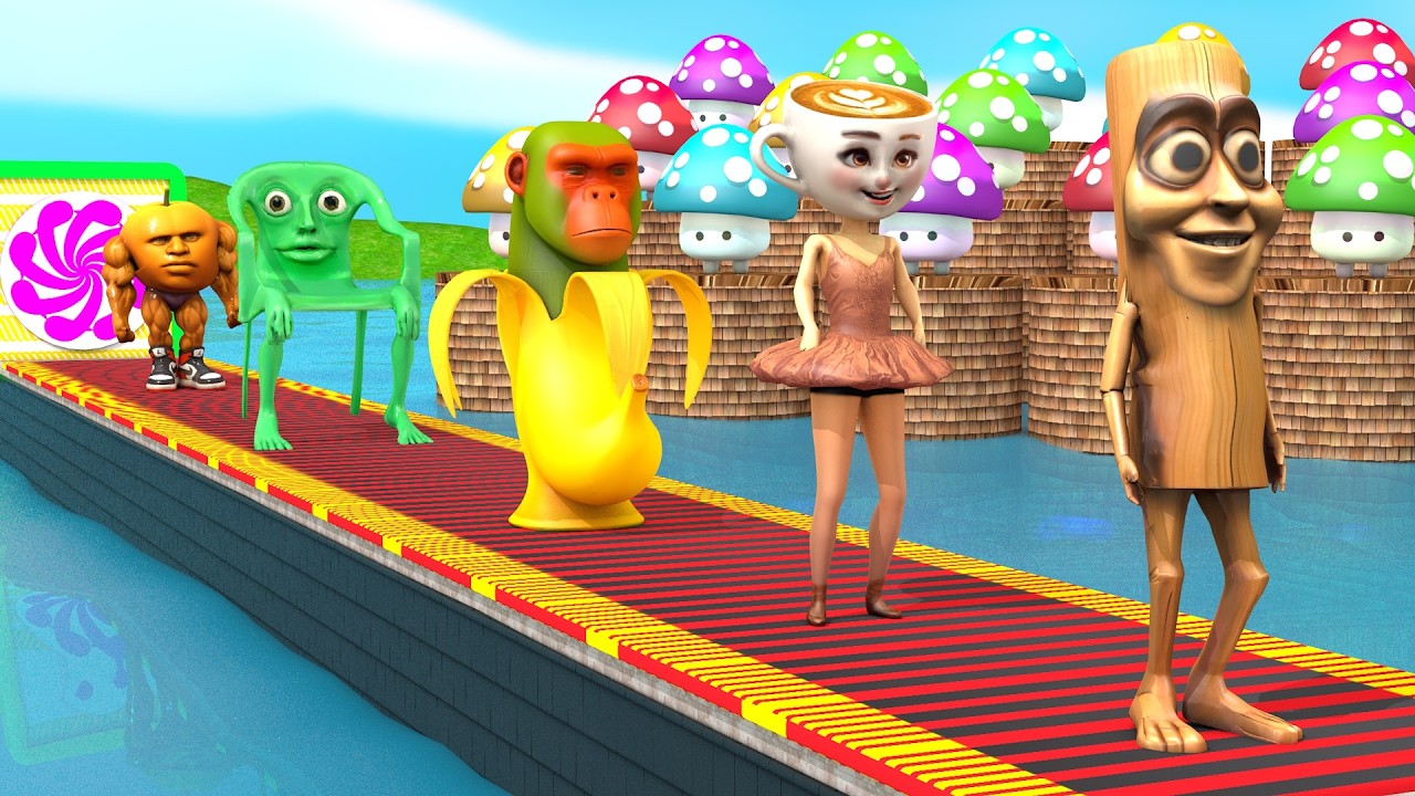 Playing as Spiderman in Long Slide Game with Cow Elephant Gorilla Hippo Tiger. Funny 3d Animal Game