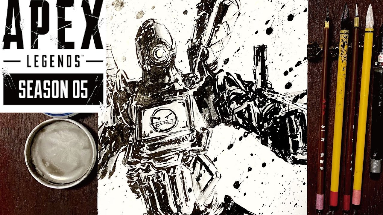 Apex パスファインダー を筆で一発がきしてみた 墨絵 Japanese Brush Youtube