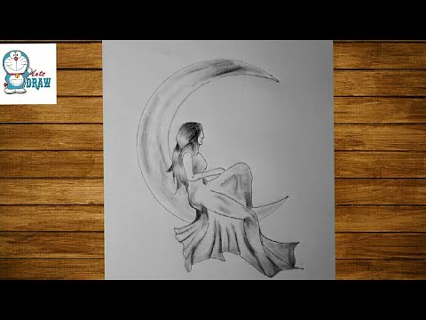 Fairy sitting on the moon | How to draw a fairy sitting on the moon ...