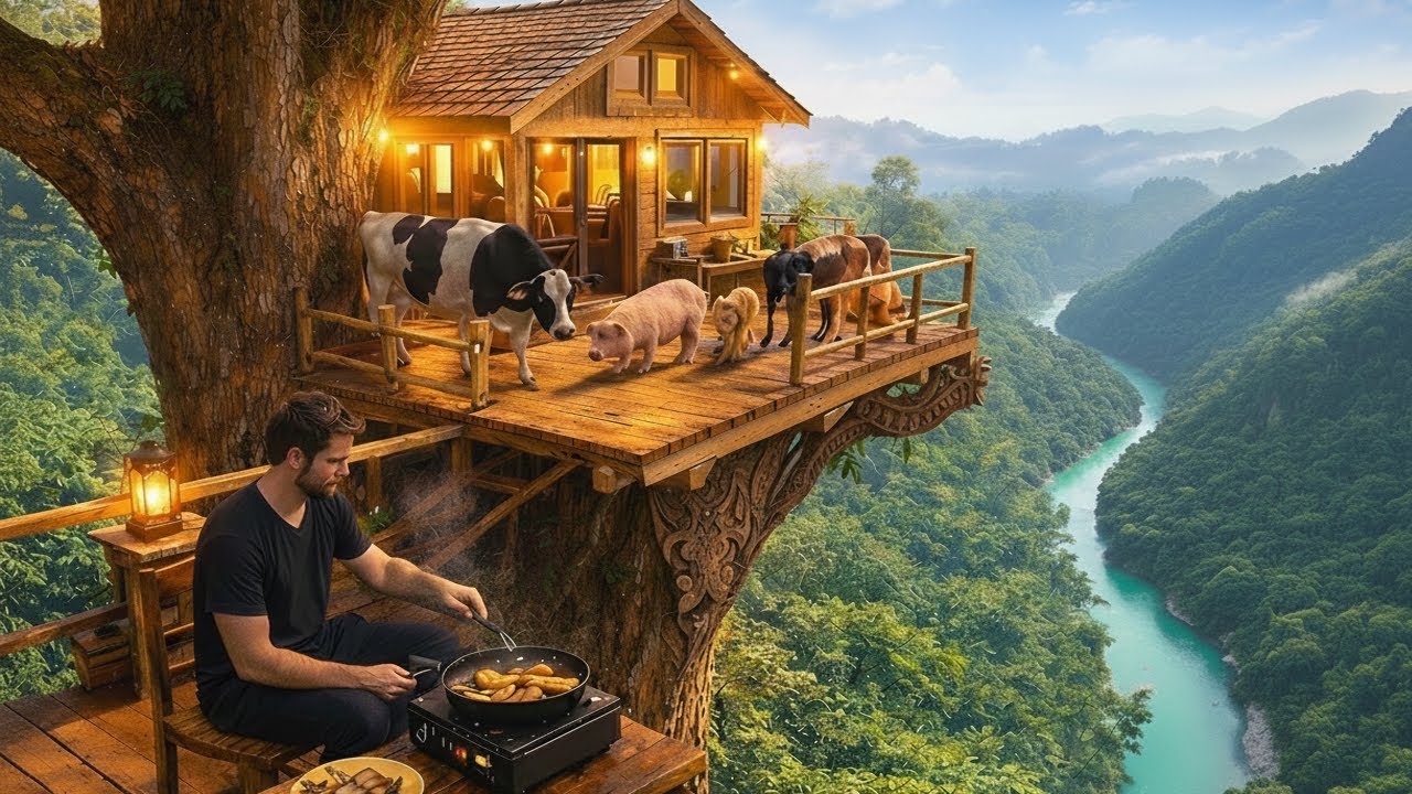 Building a House in the Forest ASMR | Man Builds Stunning Tree-Top Home on Ancient Tree