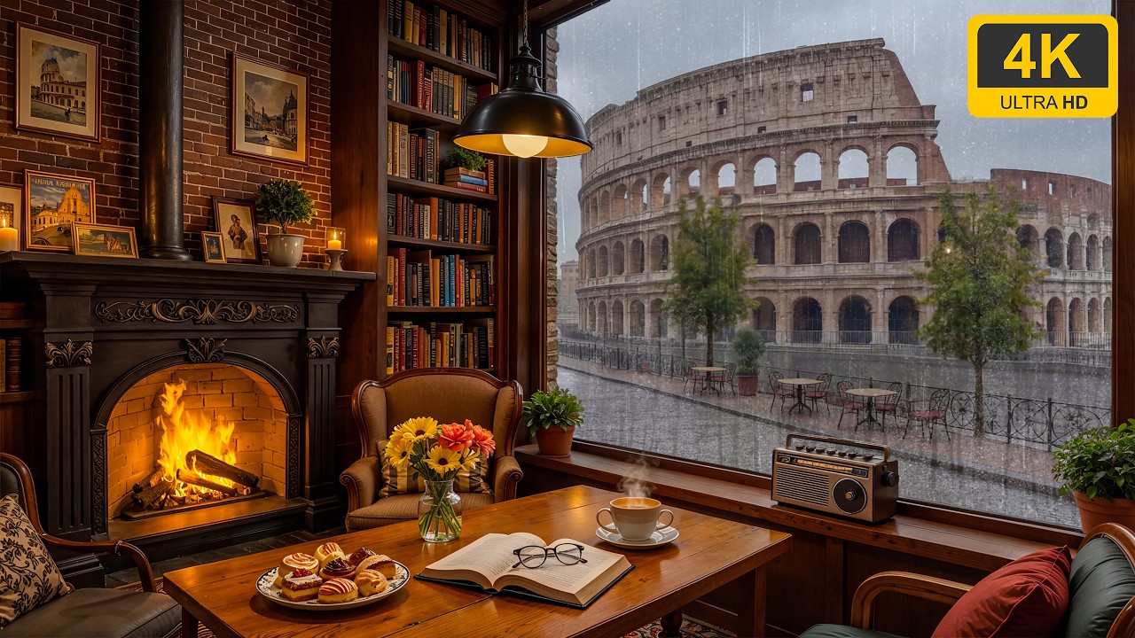Cozy Rainy Rome Coffee Shop ☕ Soft Jazz & Fireplace Ambience for Study ...