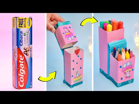 How to make pencil box from waste Colgate box || DIY unicorn pencil box and pen