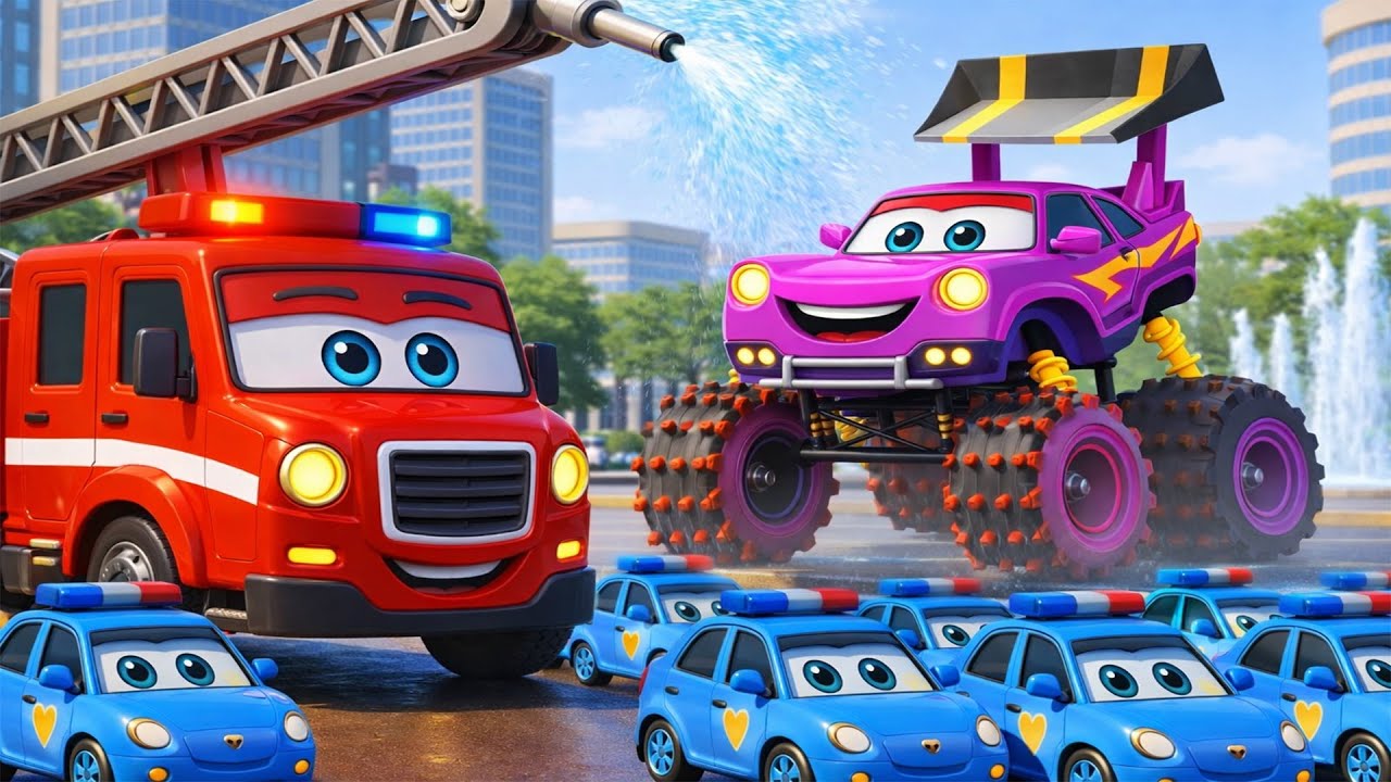 Giant Wheel Monster Vehicle Stopped💦🚒| Water Blast Attack | Funny Rescue Cars Animation