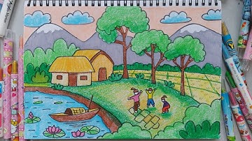 Vẽ tranh phong cảnh làng quê với màu sáp / vẽ tranh quê hương em #drawing #draw #vetranh