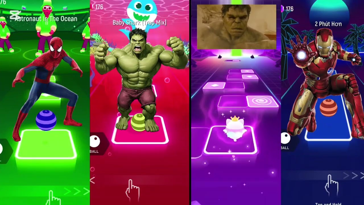 Avengers team Spiderman vs Hulk vs captain Americavs Ironman Tiles Hop.