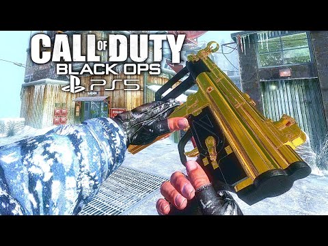 Call of Duty Black Ops 1 PS5 gameplay showing gold camo pistol and PS5 backwards compatibility branding