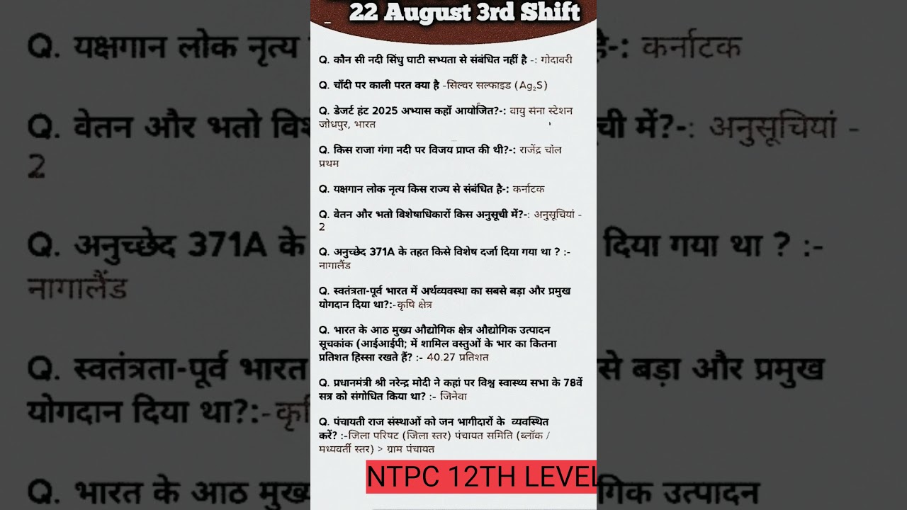 RRB NTPC 12TH LEVEL 22 AUGUST 3RD SHIFT QUESTION 