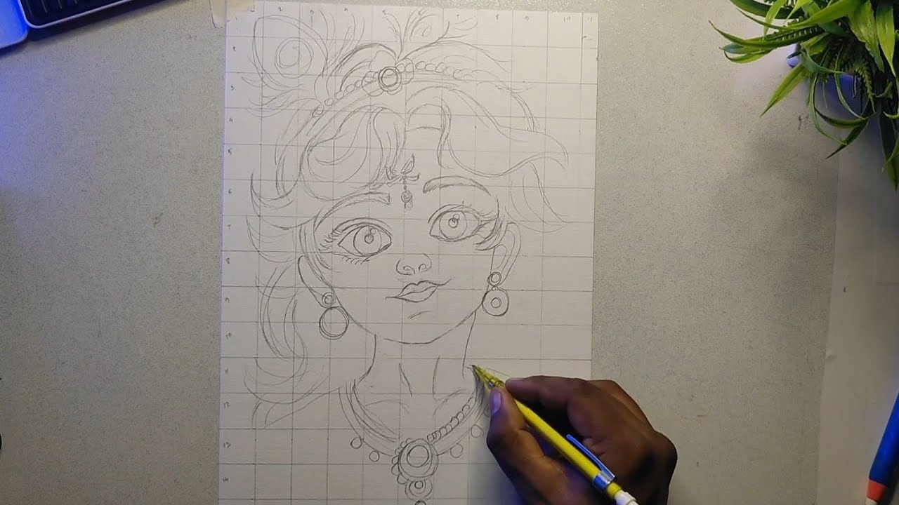 Sri Krishna Outline Drawing।। How To Draw Cute Krishna।। Grid line Method 
