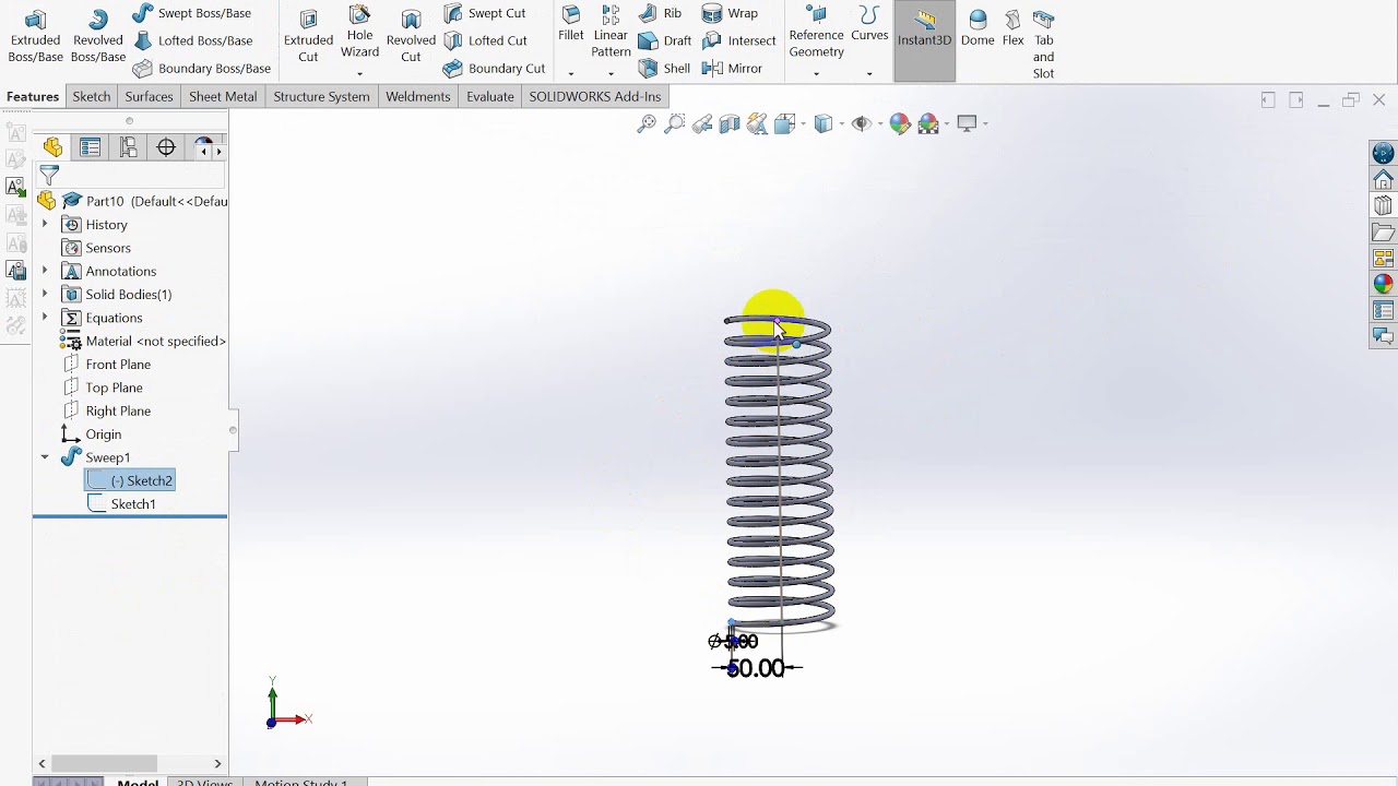 Variable size spring in SolidWorks