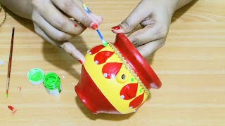 Easy and beautiful karva pot painting using cello tape | Karwa pot decoration |how to decorate karva
