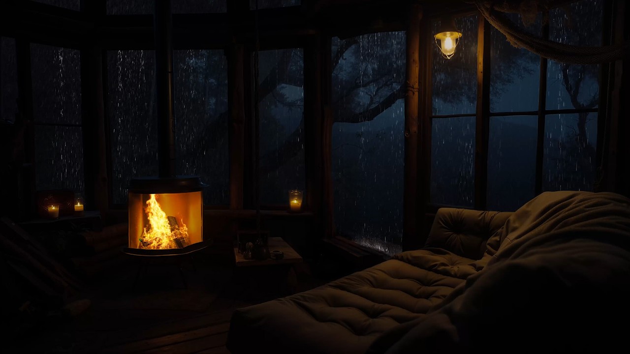 Relaxing Rain and Fireplace in a Wooden Cabin on Peaceful Night ...