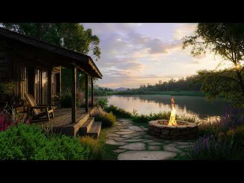 Cozy Campfire by a Riverside Cabin | Peaceful Forest and Lake Sounds for Relaxation