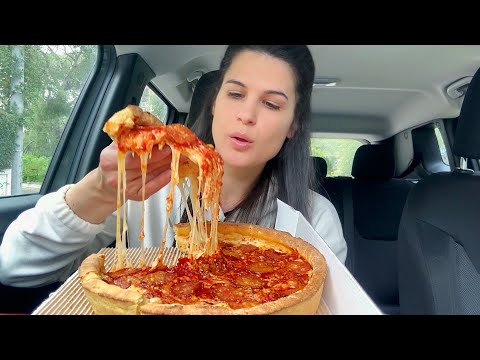 CHICAGO STYLE DEEP DISH PEPPERONI PIZZA | CAR MUKBANG | ASMR | EATING SOUNDS