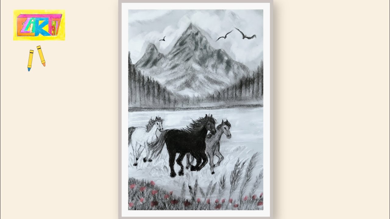 Рисунок пейзажа с тремя лошадьми карандашом простыми способами | Рисунок лошади карандашом шаг за...