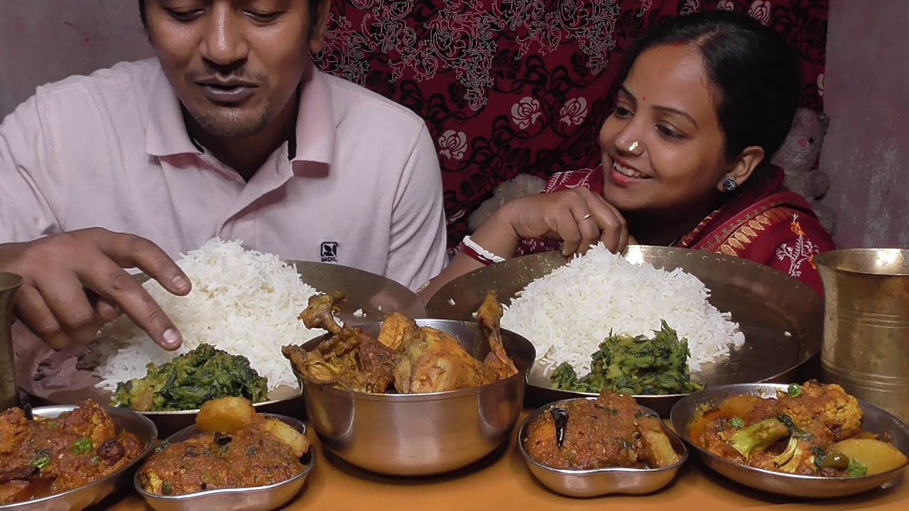 Happy Couple Eating Show - Chicken - Cauliflower Peas Curry - Vola Fish Curry - Green Spinach