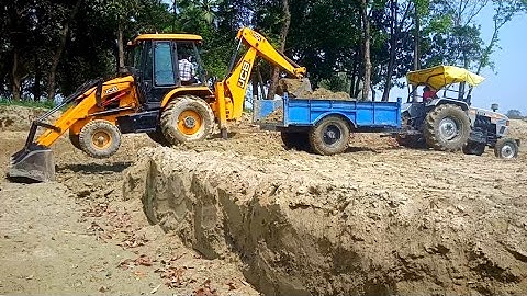 JCB Backhoe  loading soil in Eicher, Mahindra and Trakstar tractor || All Tractor cross in mud