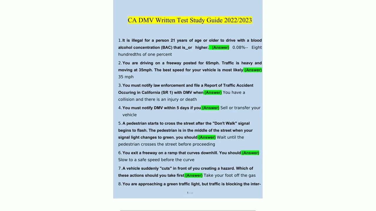 California DMV Written Test Study Guide Questions and Answers 20222023 Verified Answers31