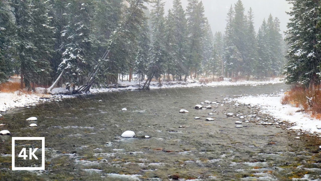 4K Snowy Mountain River | Winter Nature Scene | Nature Sounds for Sleep & Relaxation | White Noise