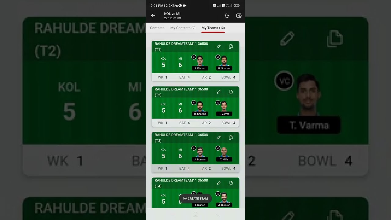 Kolkata vs Mumbai | KKR vs MI dream 11 grand league team  