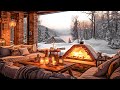 Soothing winter ambience coffee shop with gentle snowfall  relaxing smooth jazz instrumental music